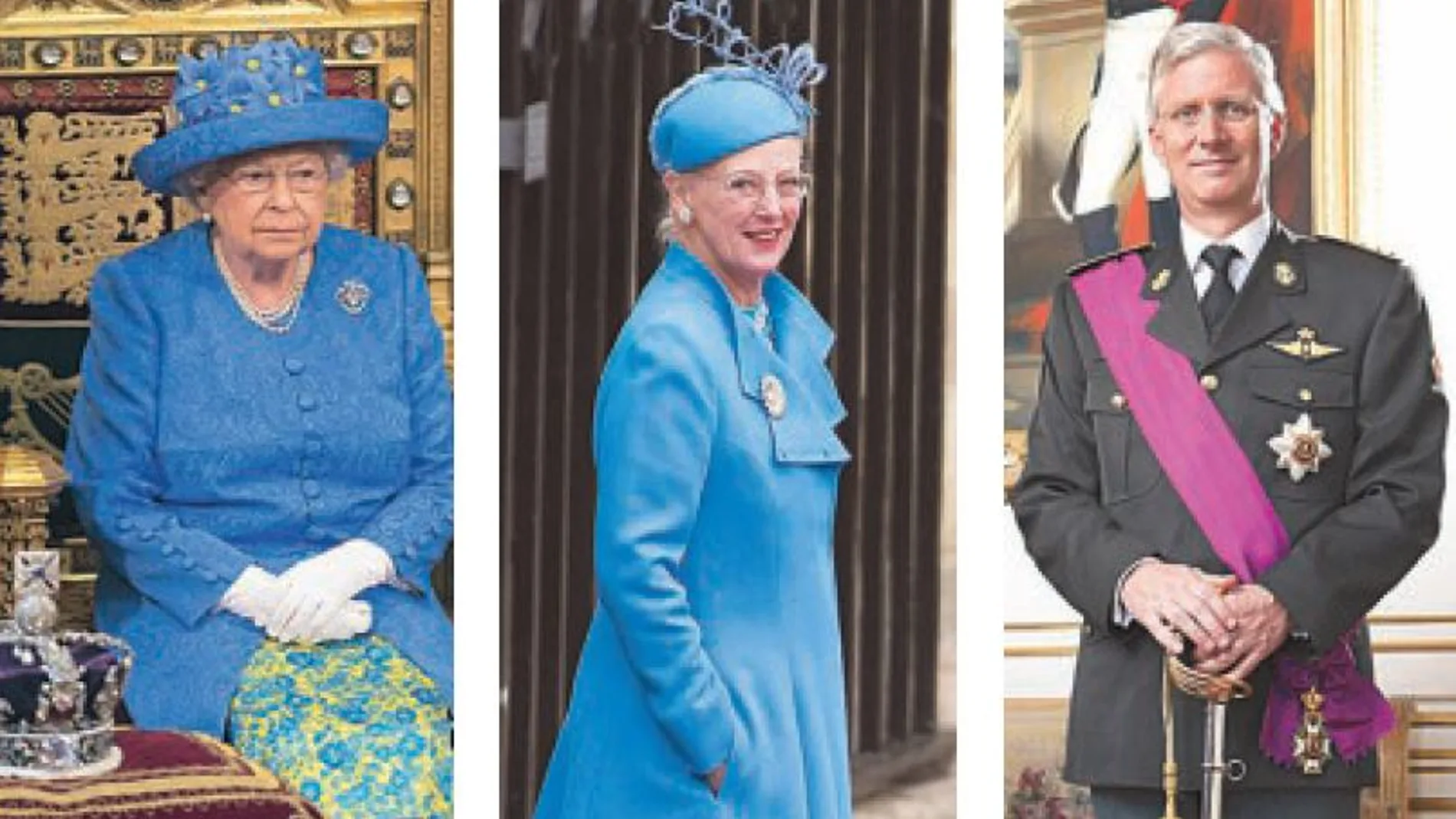 La reina Isabel II de Inglaterra, la reina Margarita de Dinamarca y el rey Felipe de Bélgica