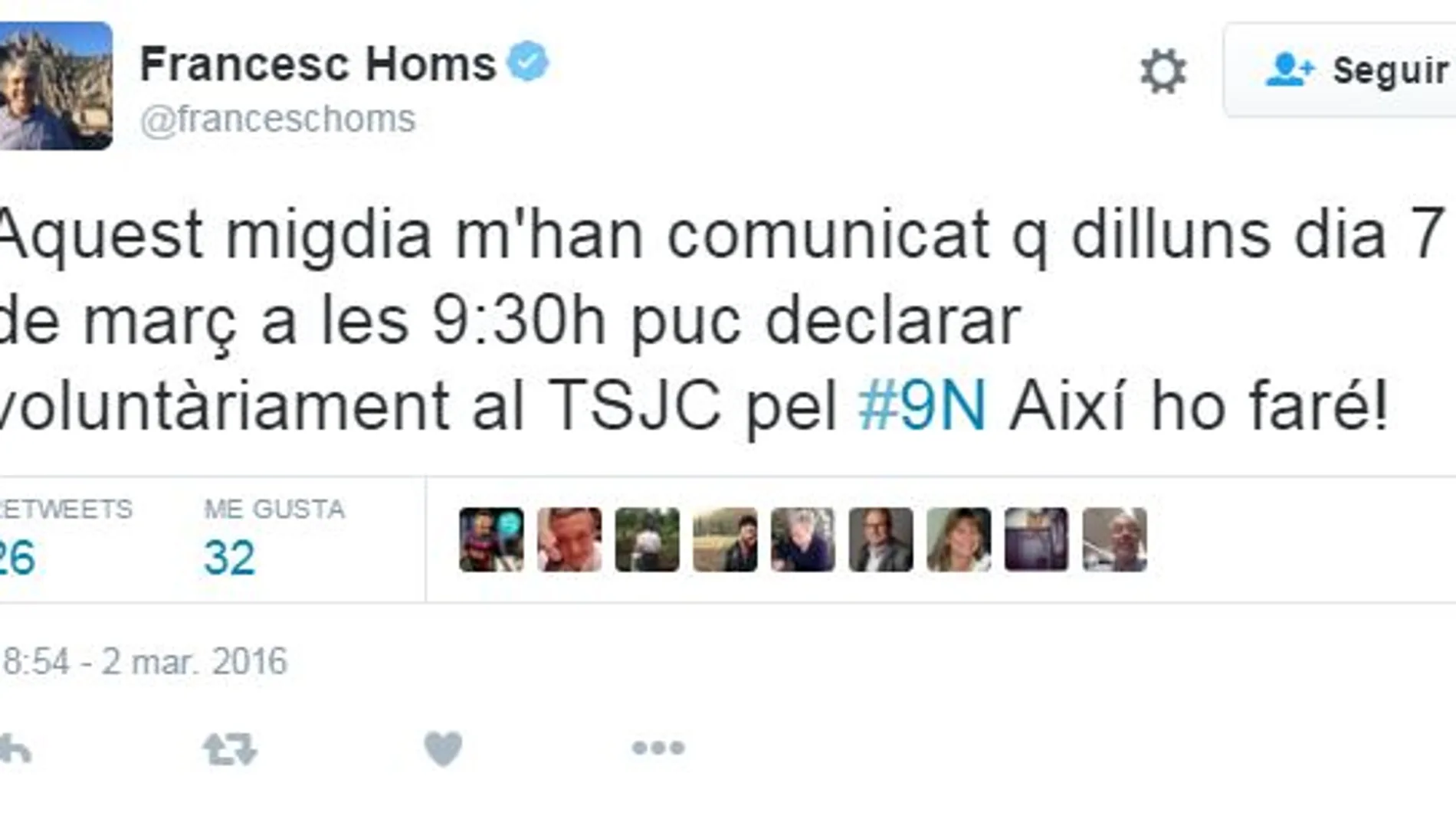 Homs declarará el próximo lunes ante el Tribunal Superior de Cataluña por el 9-N