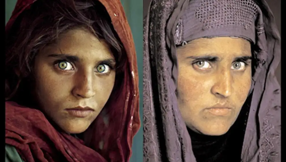 Sharbat Gula en la portada de National Geographic en 1985 y 17 años después