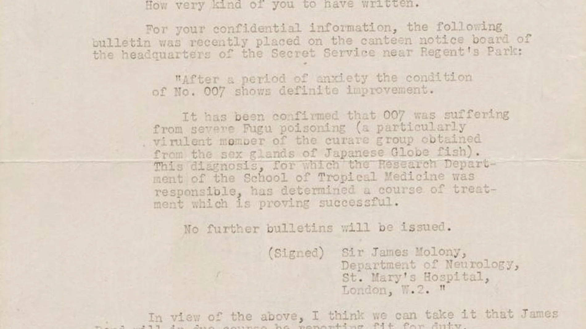 Parte de la carta de Ian Fleming subastada
