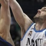 El pívot bosnio del Real Madrid Mirza Begic (d) disputa el balón con el pívot croata de FC Barcelona Regal Ante Tomic (i), durante el partido de la trigésimo primera jornada de la Liga ACB disputado hoy en el Palacio de Deportes de Madrid.