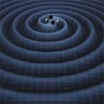 Impresión artística de las ondas gravitacionales de dos agujeros negros en órbita