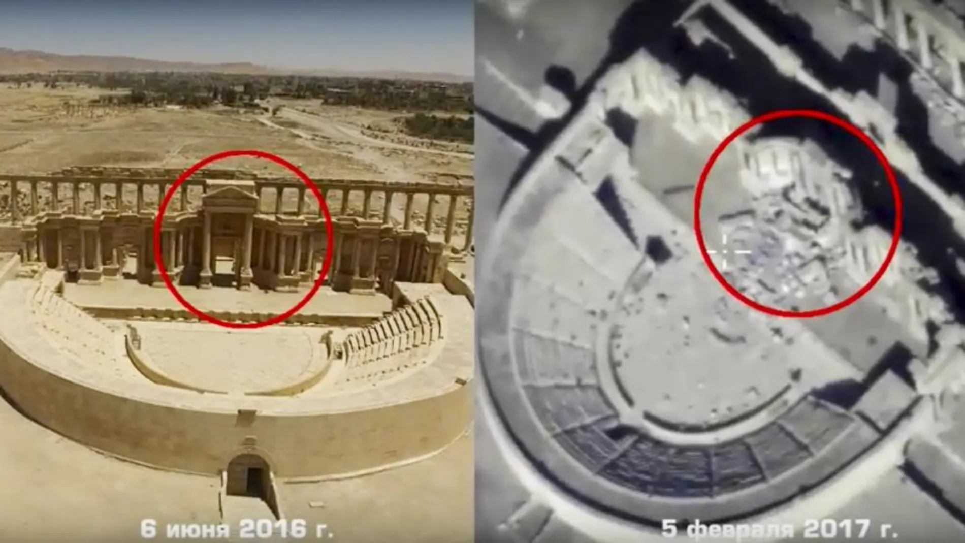 Las imágenes del dron ruso muestra la destrucción del anfiteatro