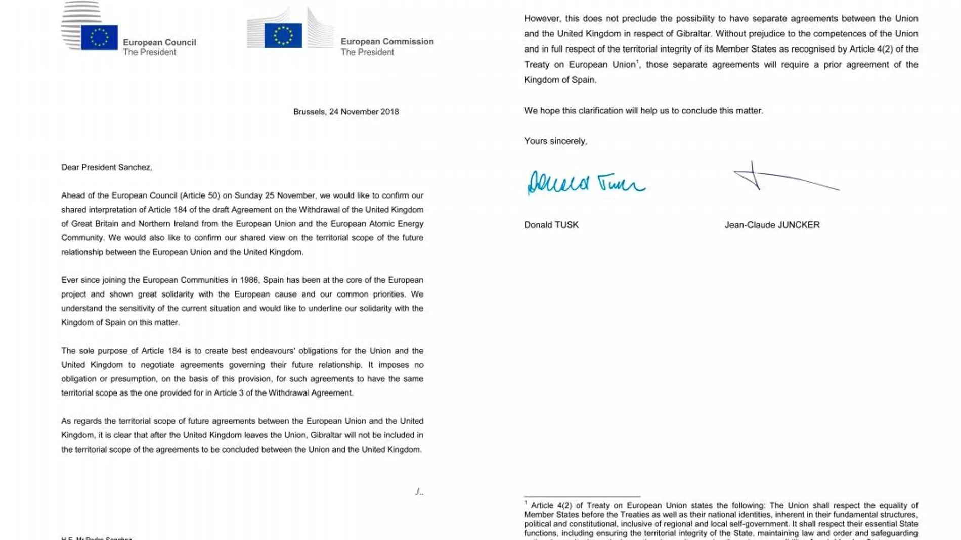 Carta de los presidentes de la Comisión y el Consejo Europeo, Jean-Claude Junker y Donald Tusk.