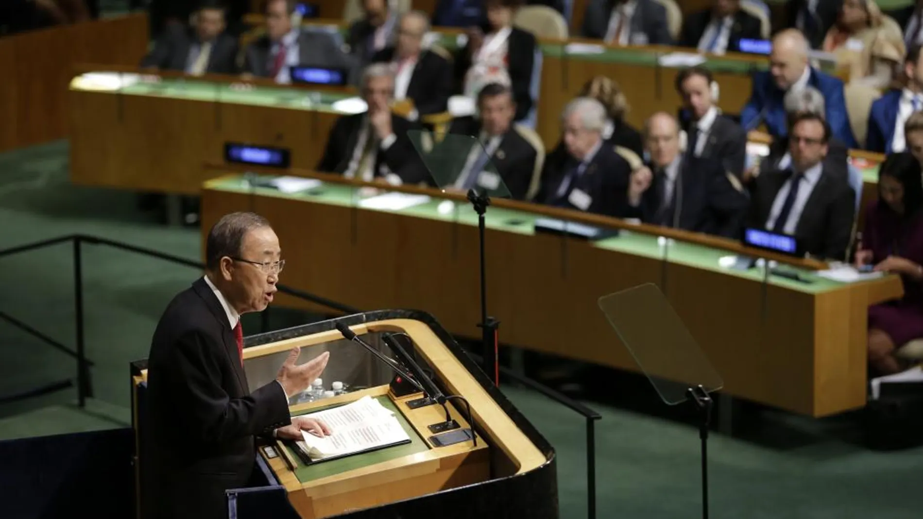 El secretario general de la ONU, Ban Ki-moon habla en la Asamblea de la ONU