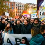 Pablo Iglesias, Alberto Garzón, Ione Belarra y Rafa Mayoral en la concentración hoy ante el Tribunal Supremo en Madrid. EFE/Fernando Villar