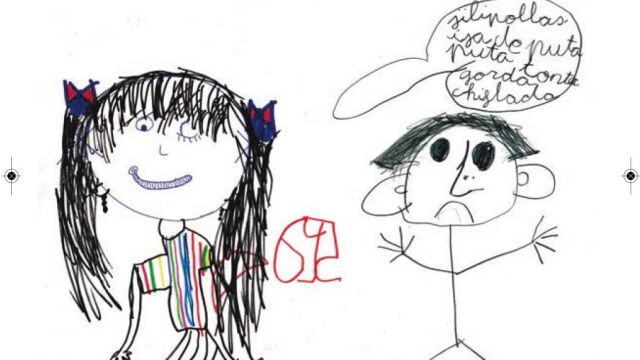 Un menor refleja en un dibujo los insultos de su progenitor a su madre. En el centro se aprecia la figura del niño empequeñecido y cabizbajo