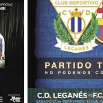 Un cartel promocional de una eliminatoria de Copa del Leganés el año pasado y el del Leganés-Barça de hoy
