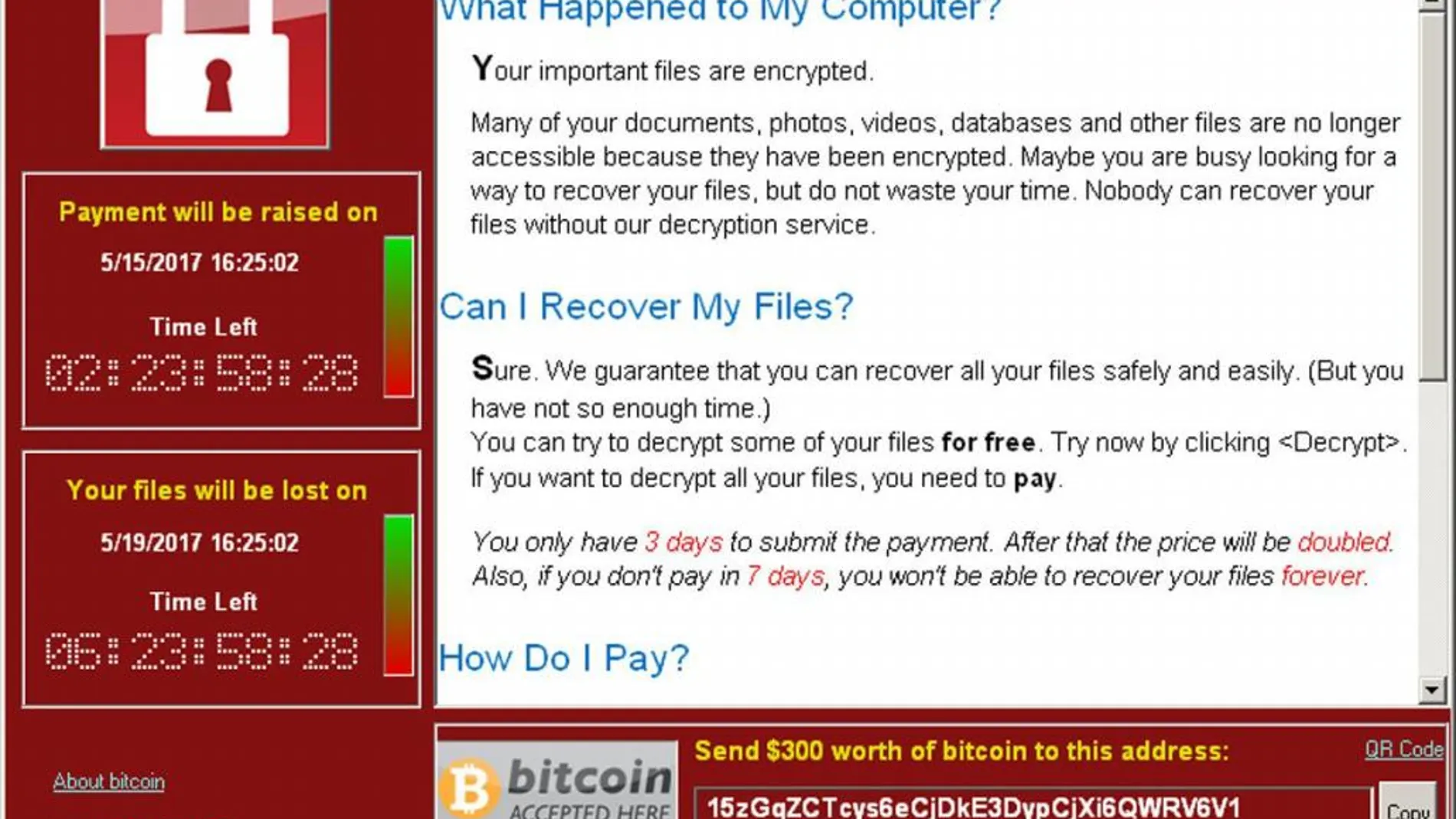 Una captura de pantalla del virus WannaCry