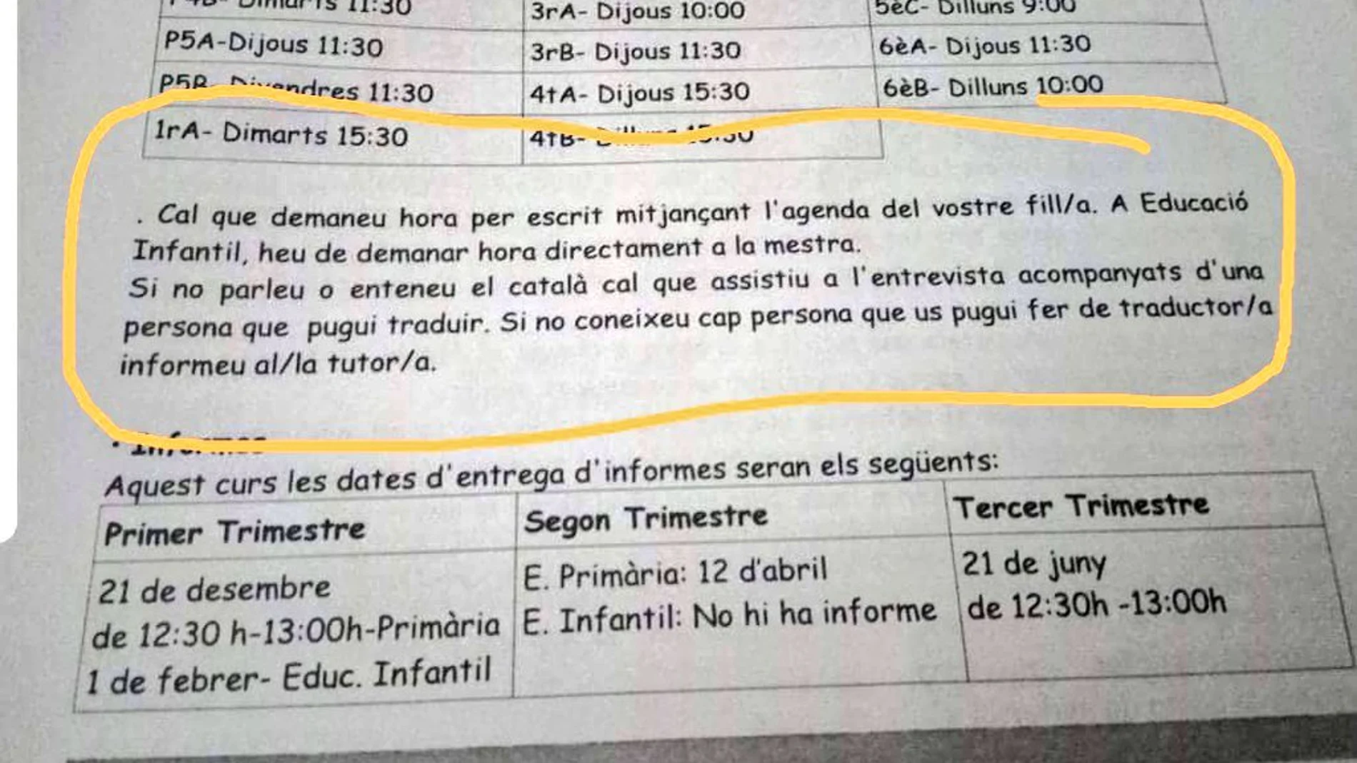 Imagen de la circular que ha enviado el Colegio Marià Fortuny a los padres de alumnos de Infantil