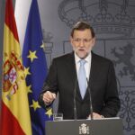 El presidente del Gobierno, Mariano Rajoy, durante la rueda de prensa celebrada hoy en La Moncloa