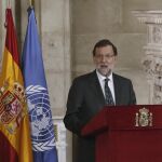 El presidente del Gobierno, Mariano Rajoy, durante su intervención en el acto solemne que se celebra para conmemorar el 70 aniversario de la Carta de las Naciones Unidas
