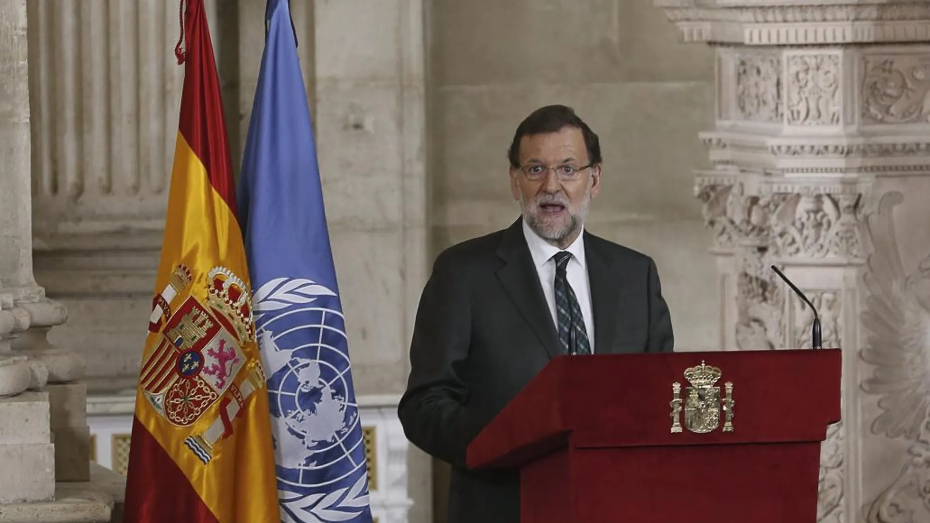 El presidente del Gobierno, Mariano Rajoy, durante su intervención en el acto solemne que se celebra para conmemorar el 70 aniversario de la Carta de las Naciones Unidas