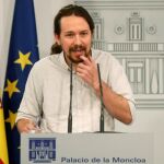 Pablo Iglesias, durante la rueda de prensa en La Moncloa, tras la reunión que ha mantenido con Pedro Sánchez. EFE/Kiko Huesca