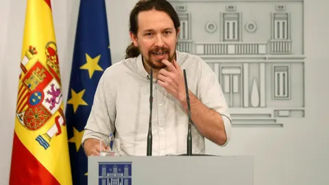 Pablo Iglesias, durante la rueda de prensa en La Moncloa, tras la reunión que ha mantenido con Pedro Sánchez. EFE/Kiko Huesca