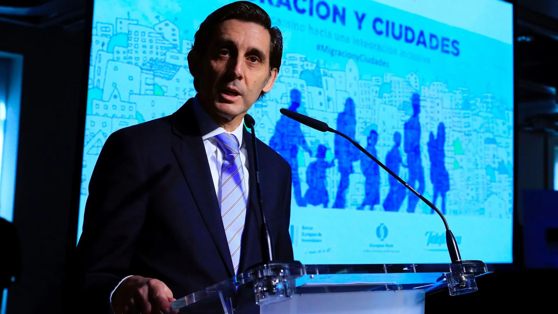El presidente de Telefónica, José María Álvarez Pallete, durante su discurso en la jornada "Migración y ciudades: el camino hacia una integración inclusiva