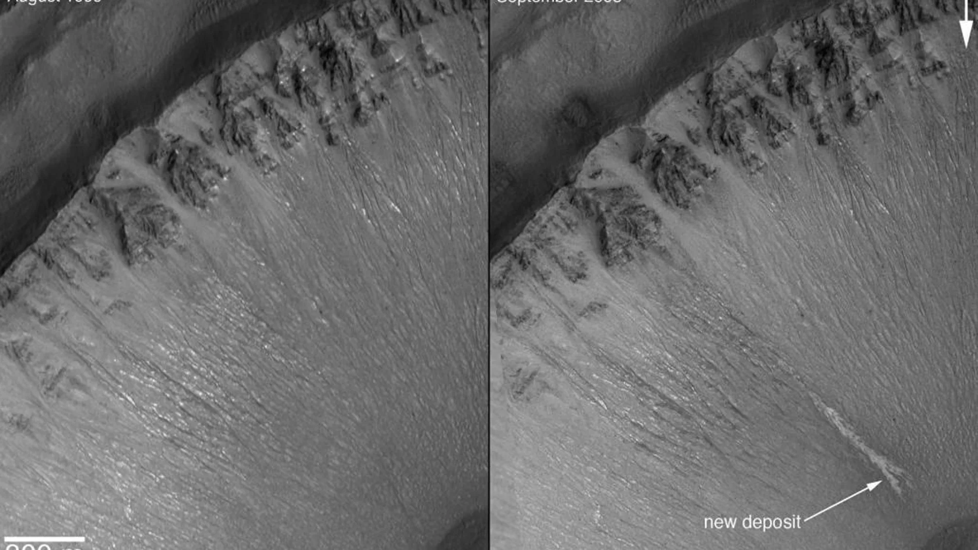 Imagen de archivo de un barranco de Marte por el que fluye agua