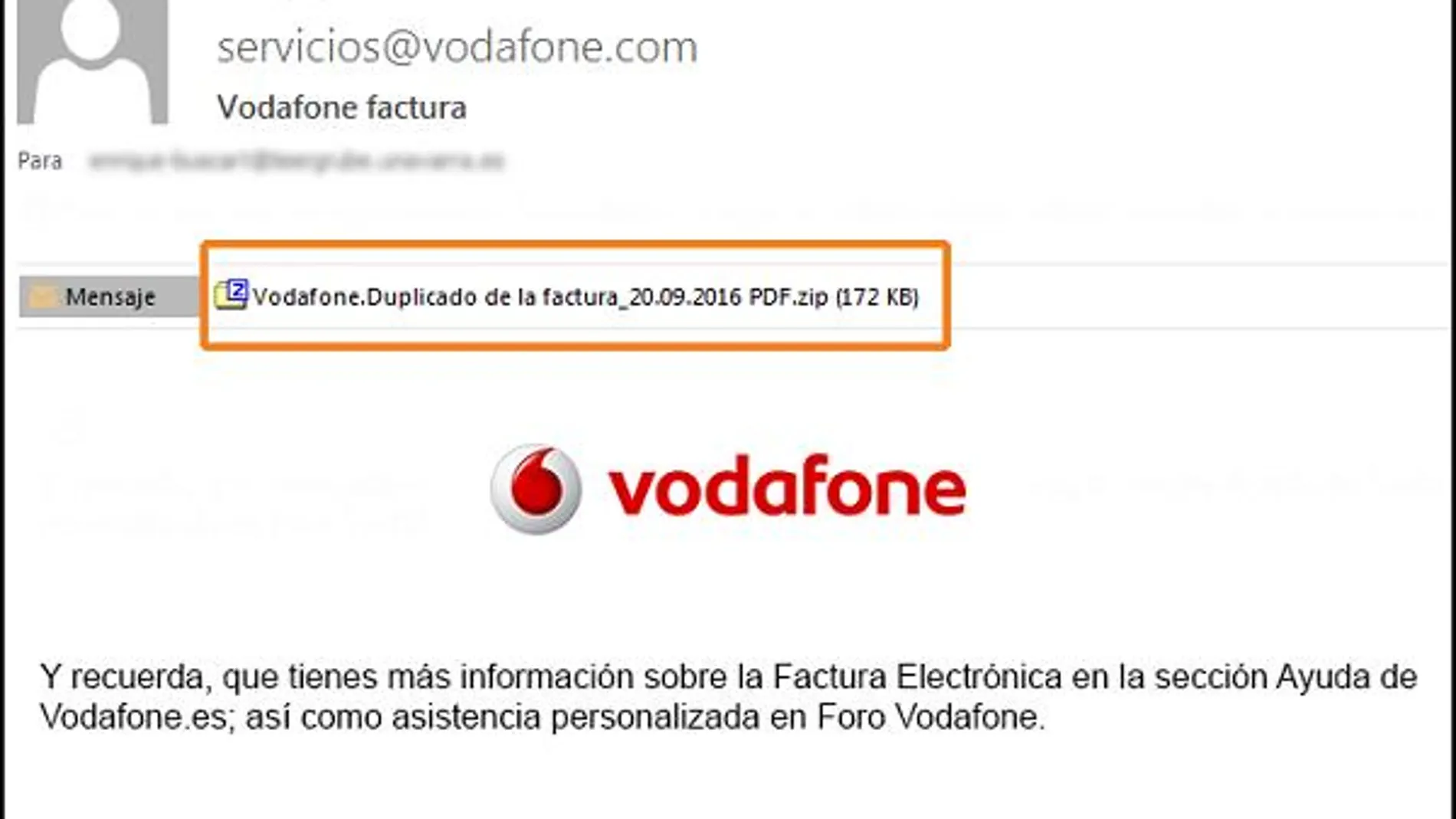 La Guardia Civil alerta de un virus oculto en una supuesta factura de Vodafone