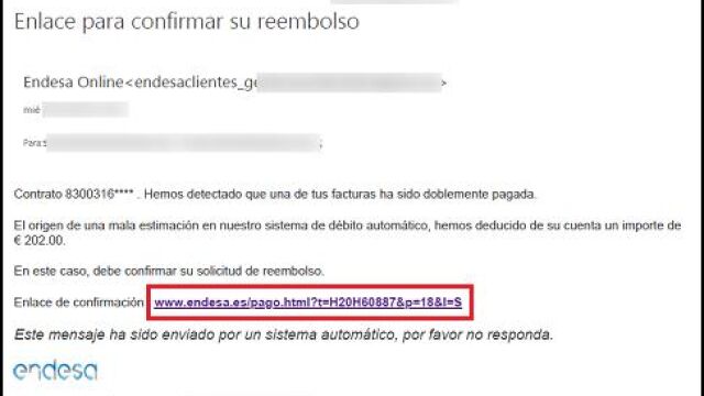 Aspecto del falso mensaje de Endesa con la supuesta factura duplicada