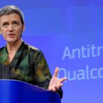La comisaria de Competencia, Margrethe Vestager, en la rueda de prensa tras la reunión semanal de la Comisión Europea