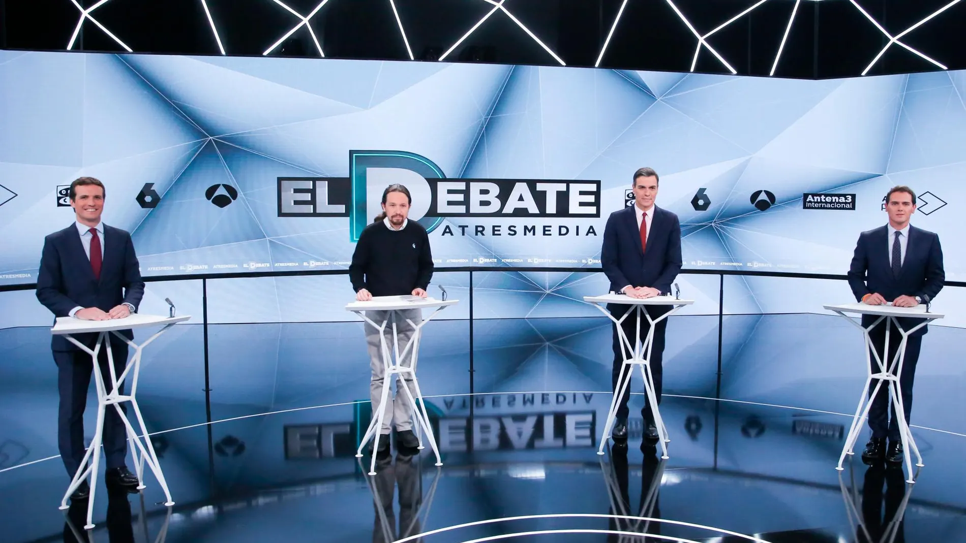 Pablo Casado, Albert Rivera, Pedro Sánchez y Pablo Iglesias, durante el debate del pasado 23 de abril en Atresmedia