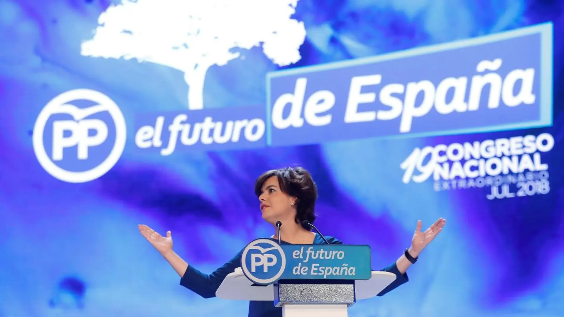 La candidata a la Presidencia del PP, Soraya Sáenz de Santamaría, durante su intervención hoy en el XIX Congreso del partido / Foto: Efe