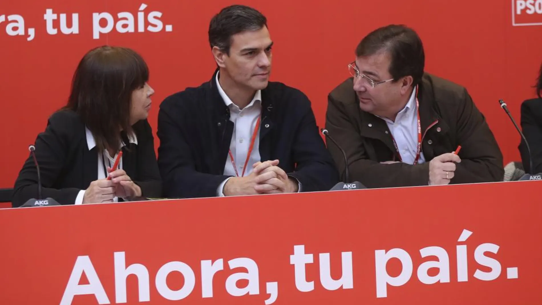 El secretario general del PSOE, Pedro Sánchez, la presidenta, Cristina Narbona y el líder extremeño, Guillermo Fernández Vara, durante la reunión del Comité Federal del partido / EFE