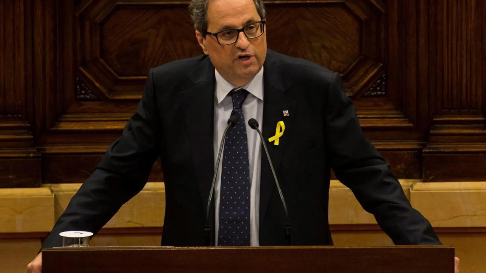 El candidato de JxCat a ser investido presidente de la Generalitat, Quim Torra, durante su discurso en la primera sesión del debate de investidura en el Parlament. EFE/Quique García