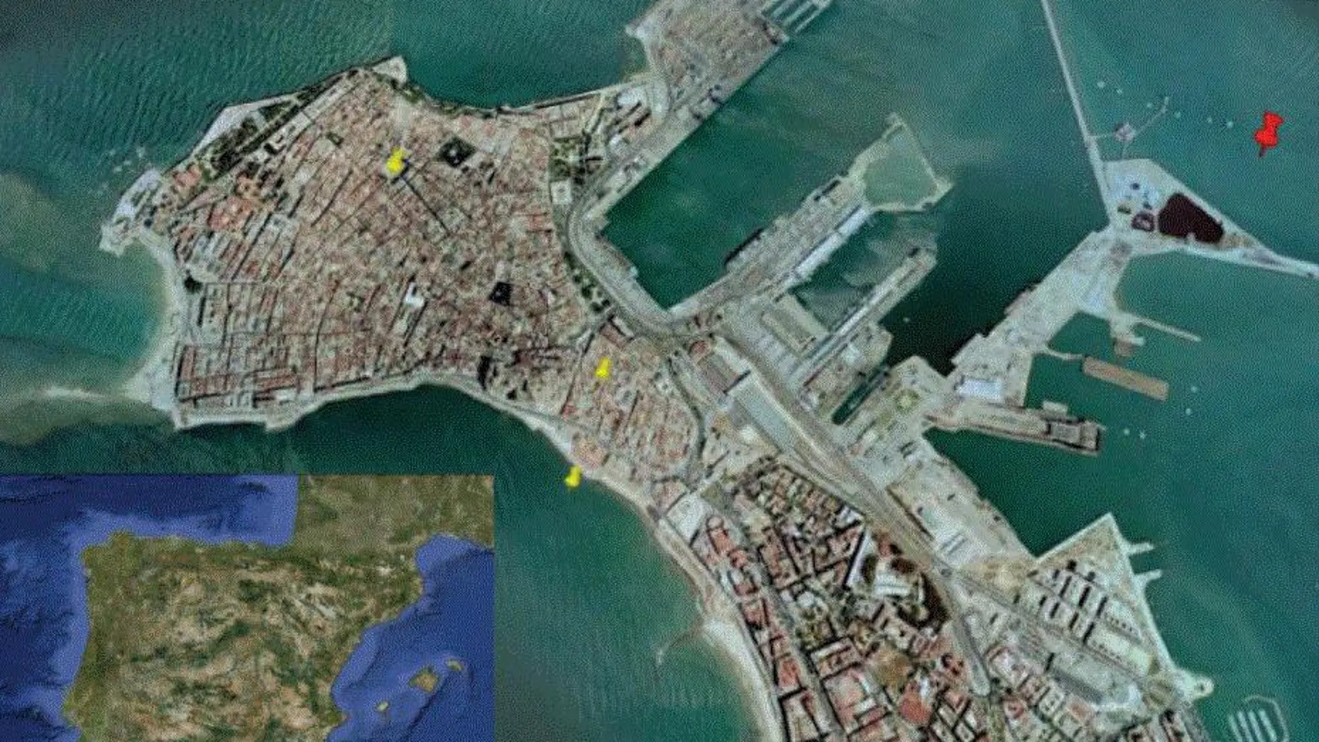 Mapa de localización aproximada de los pecios (marca roja). Imagen tomada del estudio Proyecto Delta: un retazo de la vida cotidiana en la bahía de Cádiz