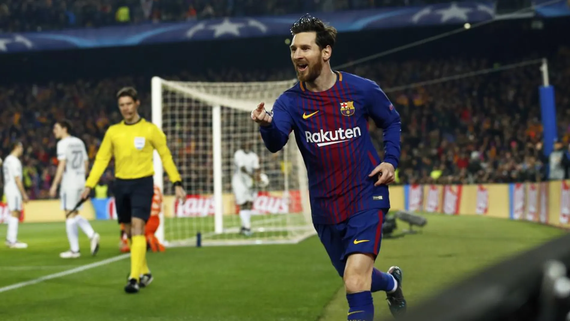 Messi celebra su primer gol anotado al Chelsea en el Camp Nou