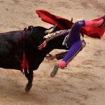 Espectacular cogida del torero Román hoy en Pamplona.