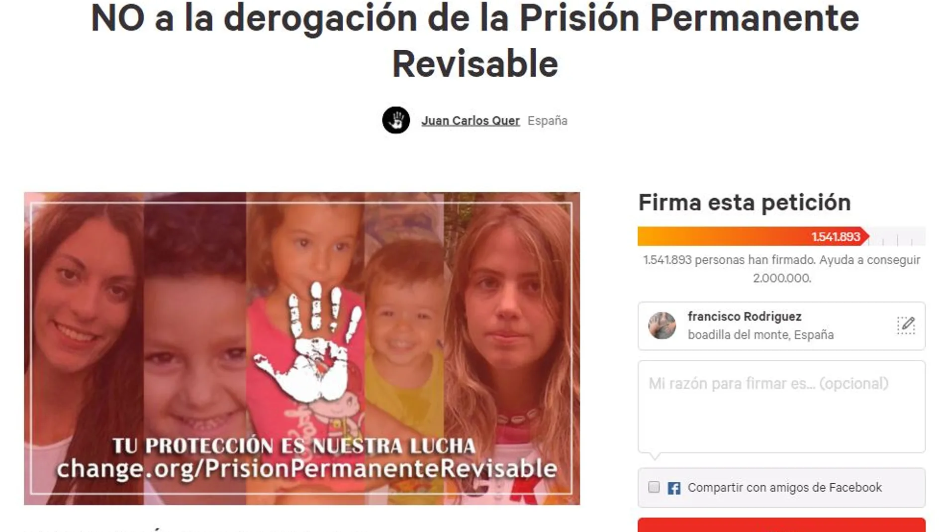 La familia Quer logra 1,5 millones de firmas por la prisión permanente en 8 días