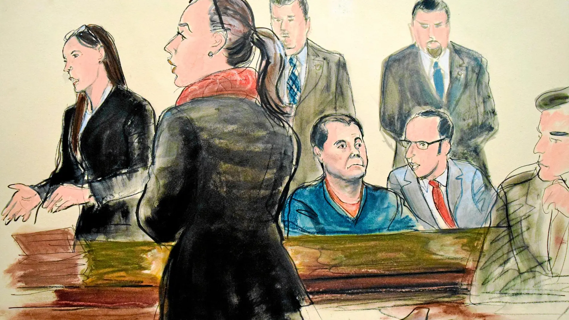 Joaquín «El Chapo» Guzman escucha con ademán ensimismado a su defensora Michelle Gelernt (izquierda) en una sesión del juicio en un tribunal federal de Brooklyn