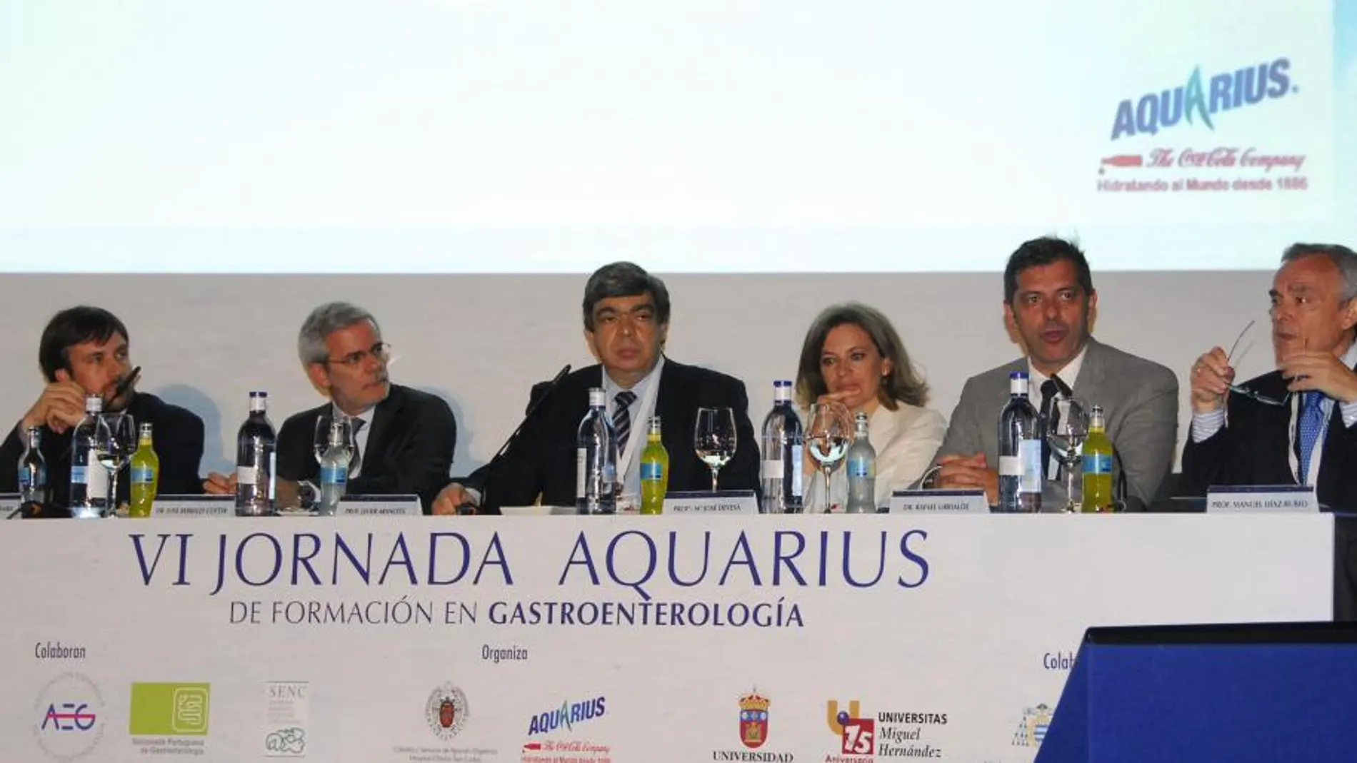 De Izq a dcha: Dr. Enrique de Madaria, de la Unidad de Patología Pancreática del Hospital General Universitario de Alicante y Vocal de la Asociación Española de Gastroenterología, Dr. José B. Cotter, jefe de Servicio de Gastroenterología del Centro Hospitalar do Alto Ave, Guimaraes, de Portugal y vicepresidente de la Sociedade Portuguesa de Gastrenterologia, Javier Aranceta, profesor Asociado de Nutrición Comunitaria de la Universidad de Pamplona y presidente del Comité Científico de la Sociedad Española de Nutrición Comunitaria (SENC), profª. Mª José Devesa, del Servicio de Aparato Digestivo del Hospital Clínico San Carlos de Madrid, Dr. Rafael Urrialde, responsable de Salud y Nutrición Coca-Cola Iberia, y prof. Manuel Díaz-Rubio, catedrático de Medicina de la Universidad Complutense de Madrid y del Servicio de Aparato Digestivo del Hospital Clínico San Carlos de Madrid