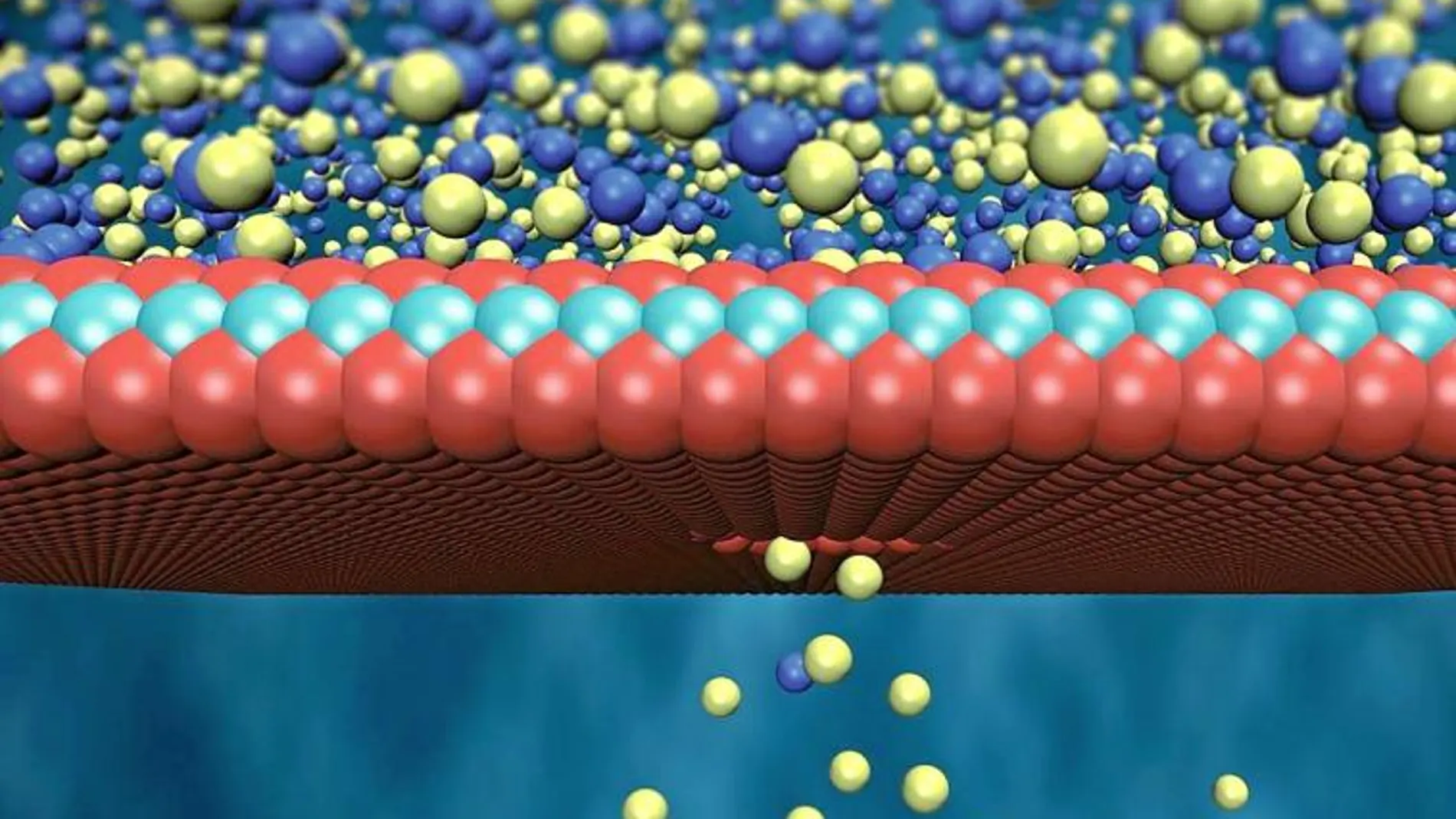 Iones de sal del agua salada viajan a través de una membrana, cuyo grosor es sólo de tres átomos, hacia el agua dulce