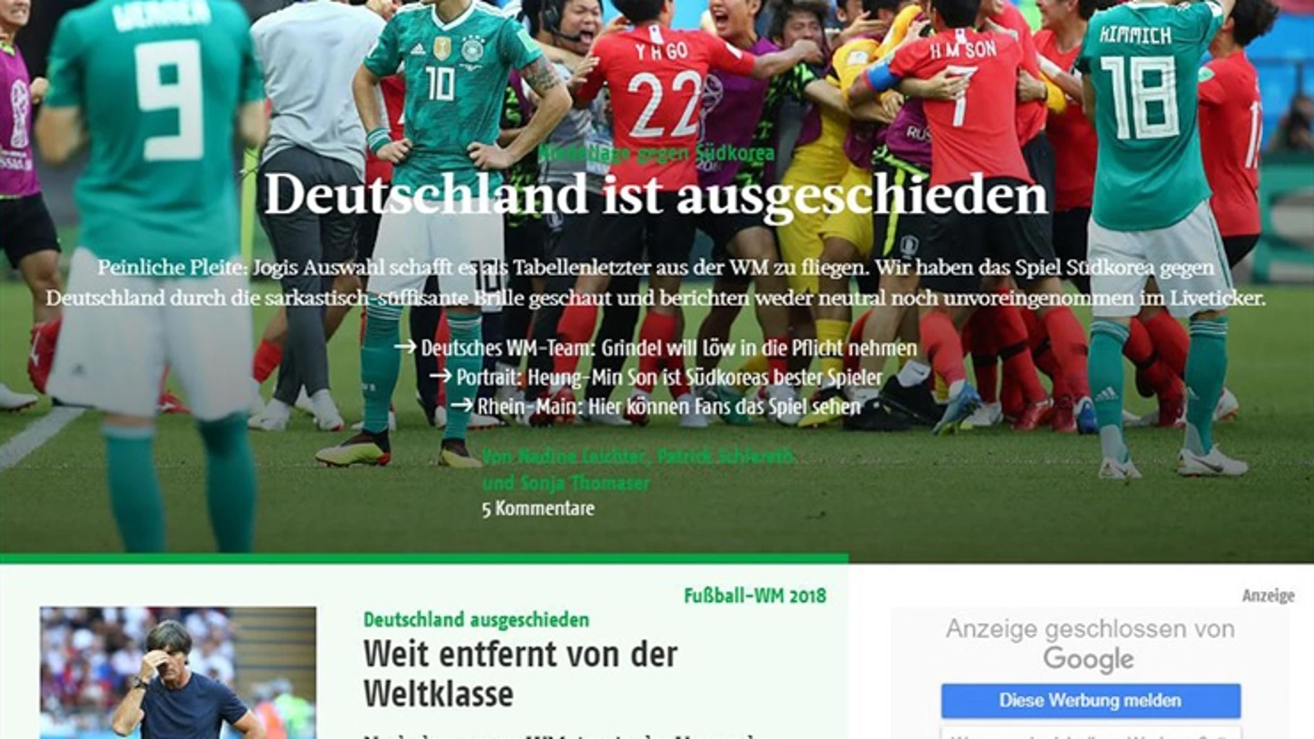 Portada del diario 'Frankfurter Rundschau', lamentando la eliminación de la selección alemana