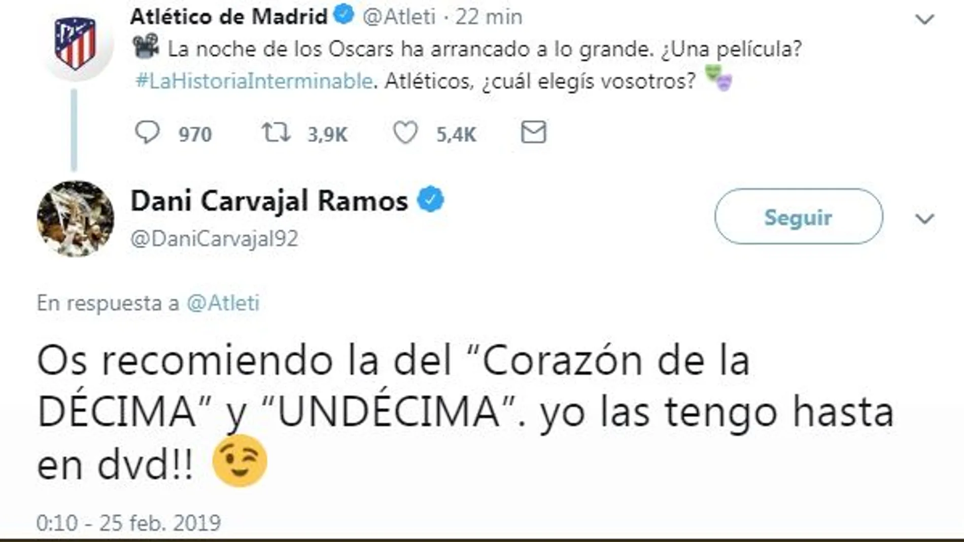 Carvajal contesta al Atlético en Twitter: “Os recomiendo la del ‘Corazón de la Décima’ y la ‘Undécima’”