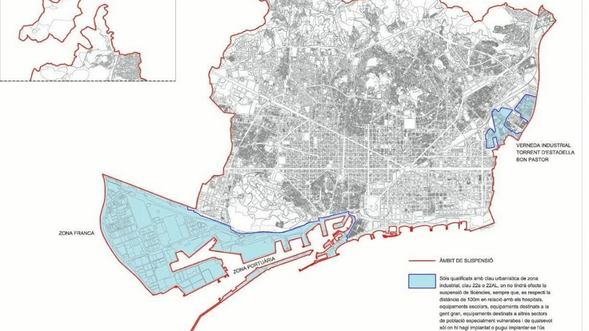 El ámbito de suspensión de licencias y obras abarca íntegramente la ciudad de Barcelona, a excepción de los suelos industriales situados en la Zona Franca, la Verneda Industrial, el Torrent d’Estadella y el Bon Pastor, así como de aquellas gasolineras que se quieran ubicarse en suelos portuarios.