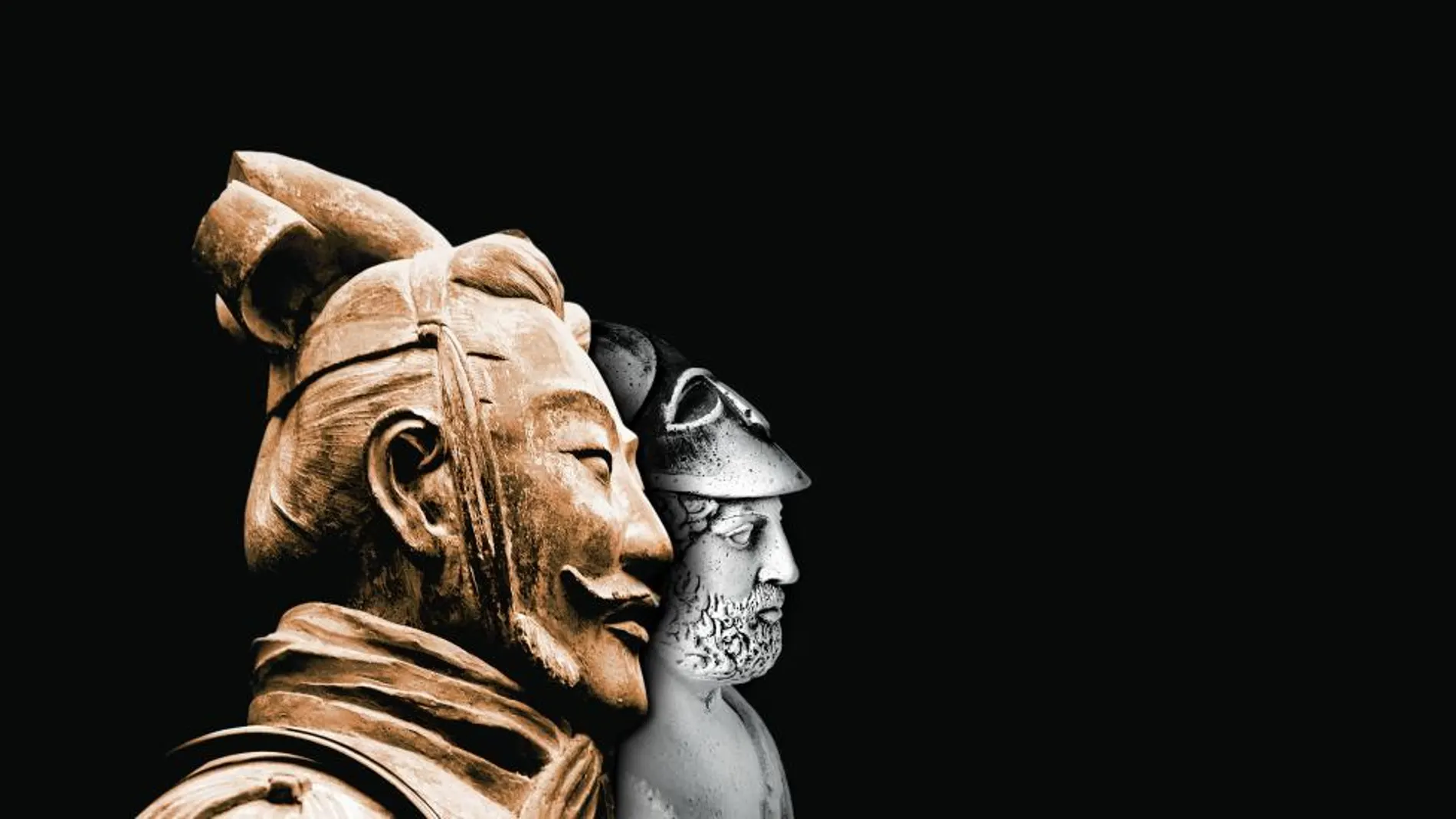 En primer lugar, la cabeza de una de las estatuas de Terracota. Al fondo, Pericles, en representación del mundo griego