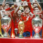 La Selección celebra la consecución de la Eurocopa de 2012. Era el tercer gran título consecutivo del equipo español