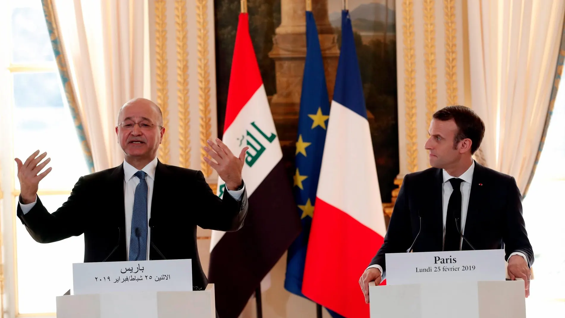 El presidente iraquí, Barham Saleh, junto a su homólogo francés, Emmanuel Macron, en París. Foto: Efe
