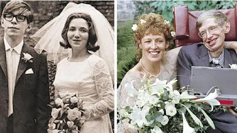 A la izqda., Hawking junto a su primera esposa, Jane, y a la derecha, con Elaine Mason; se casaron en 1995