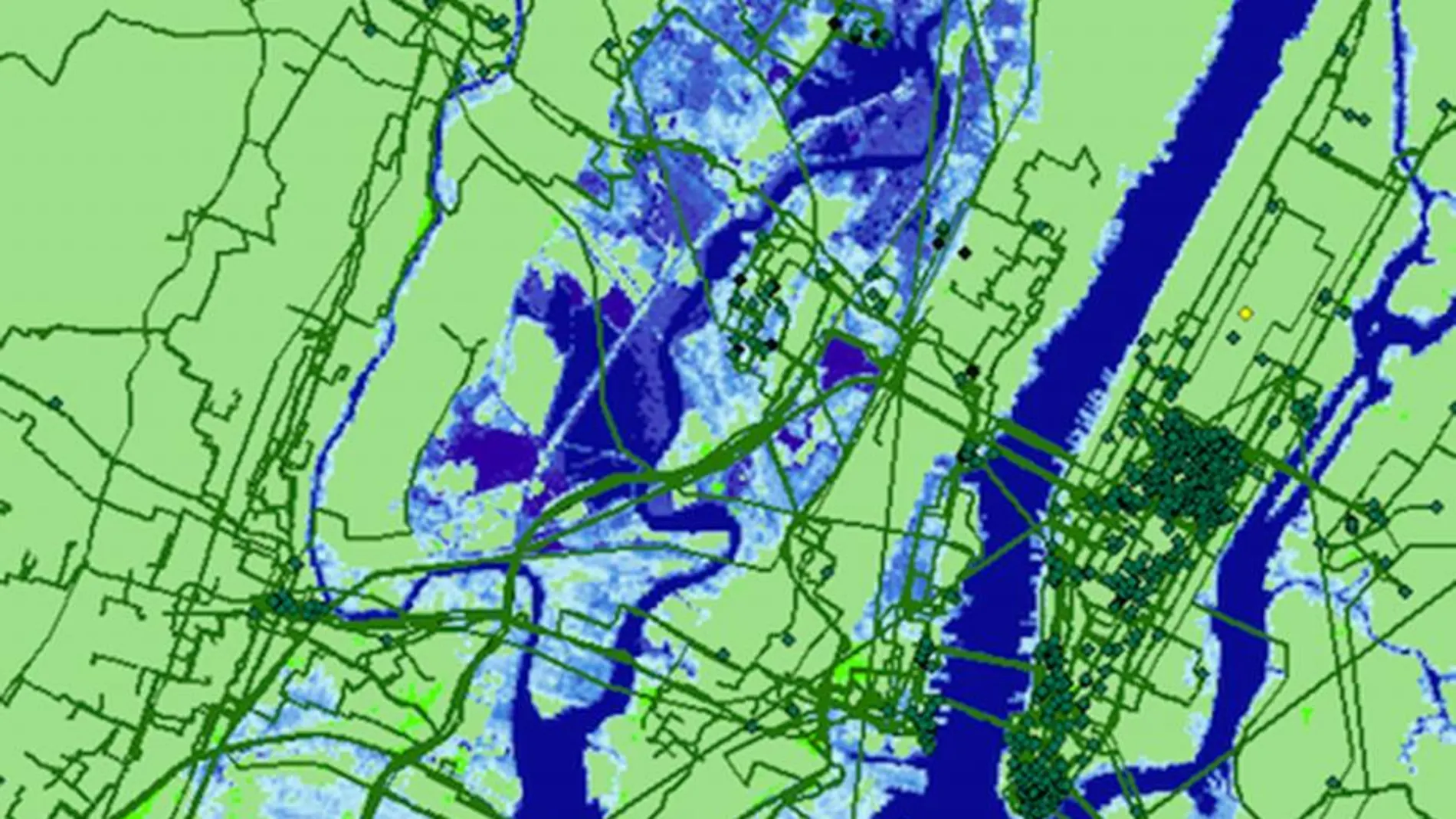 Proyecciones de la inundación por agua de mar en Nueva York en 2033 y su efecto en las infraestructuras de Internet. Las zonas azules indican las partes de la ciudad que quedarán sumergidas. Paul Barford.