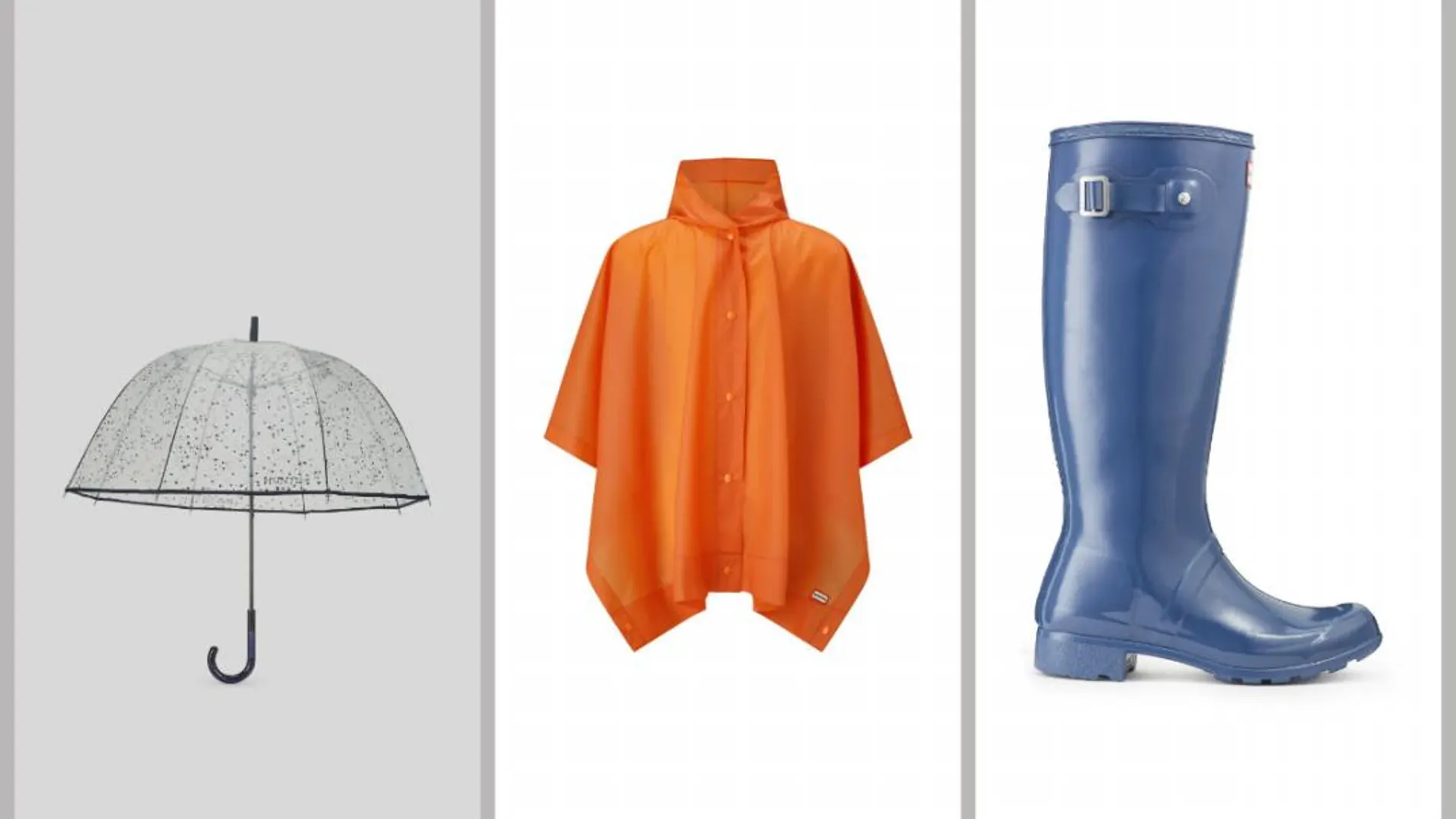 Paraguas burbuja original: 50€; poncho infantil de vinilo original: 95€; bota de agua alta gloss 145€