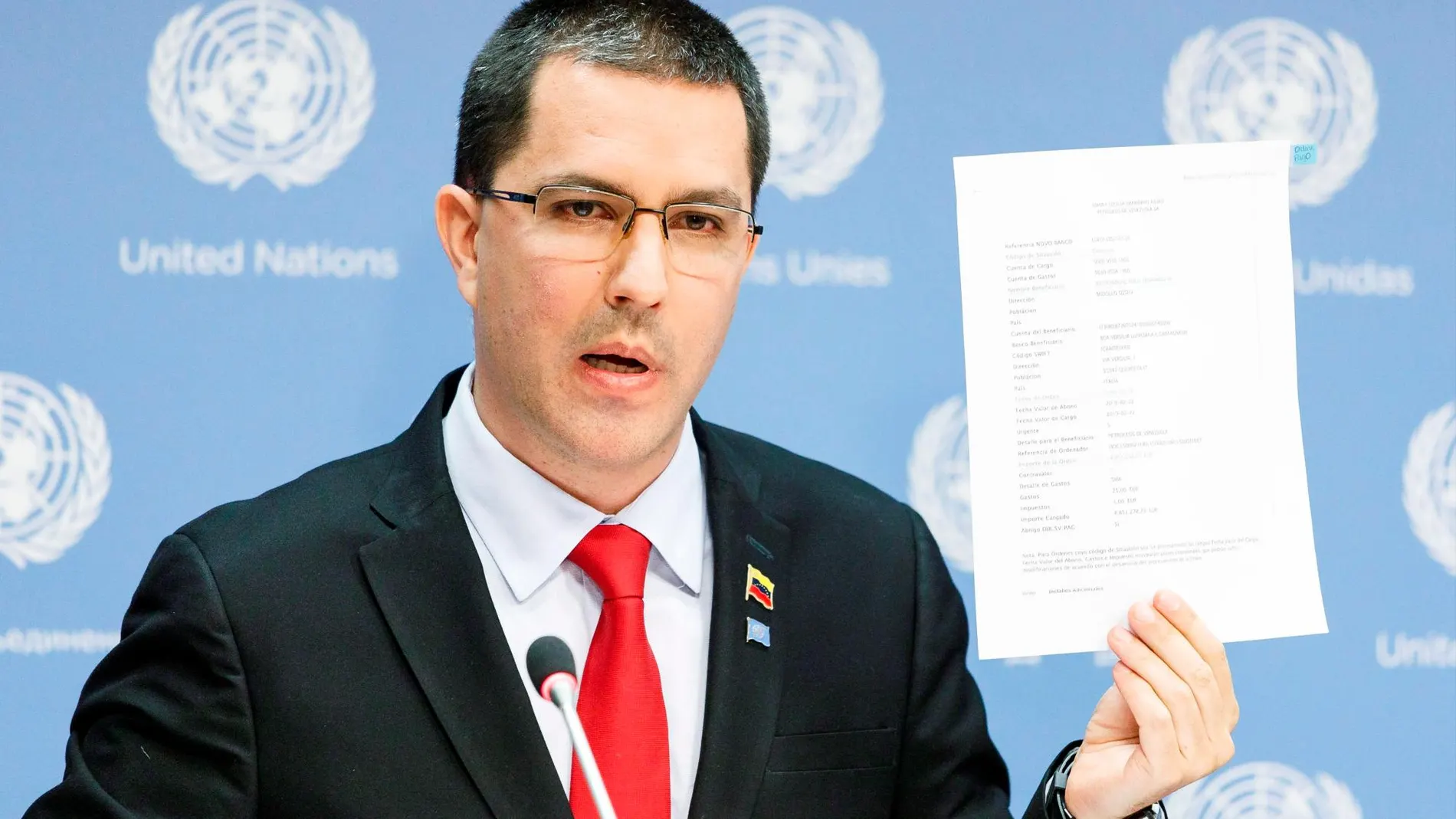 El ministro de Exteriores de Venezuela, jorge Arreaza, ayer en la ONU/Efe
