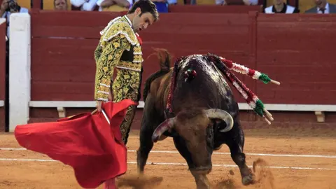 El diestro José Tomás da un pase con la muleta al tercero de su lote, durante la tercera corrida de la Feria de Algeciras celebrada el 29 de junio la plaza de toros de Las Palomas de la localidad gaditana / Foto: Efe
