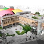 Simulación facilitada por el Ayuntamiento de Madrid, del proyecto arquitectónico del edificio acristalado en forma de L que albergará un nuevo polideportivo junto al mercado de la Cebada