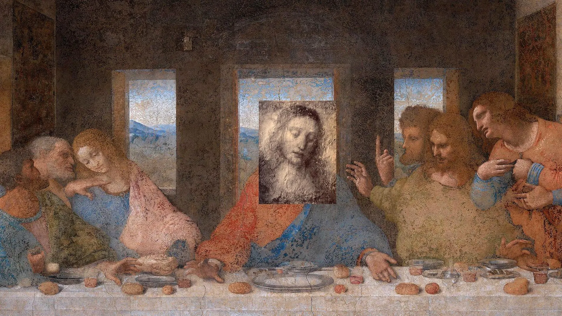 Esbozo de Cristo que hizo Leonardo para «La última cena» sobrepuesto a la pintura que se encuentra en Milán