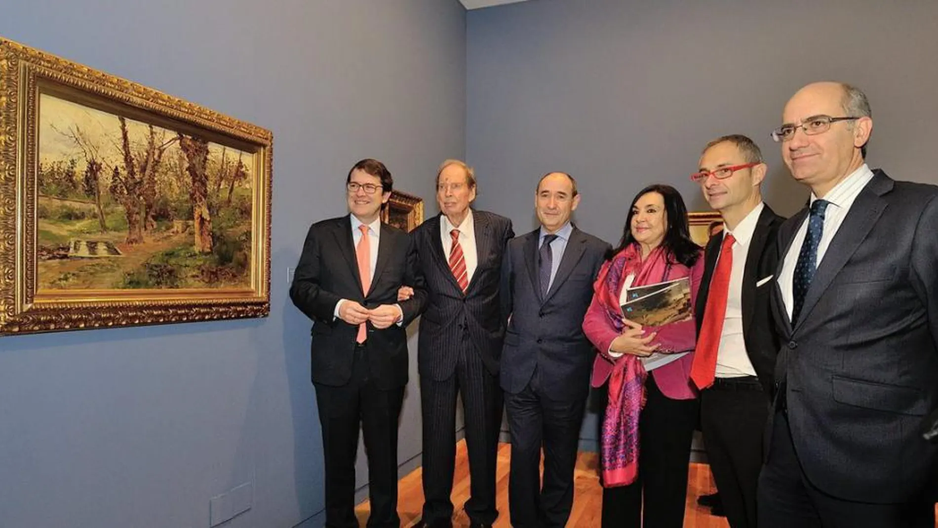 De izquierda a derecha, Alfonso Fernández Mañueco, Hans Rudolph Gerstenmaier, Antonio Sánchez Puero, Marisa Oropesa, Ricardo Rivero y Javier Iglesias, en la inauguración de la exposición