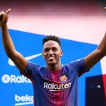 Yerry Mina, durante su presentación en el Camp Nou